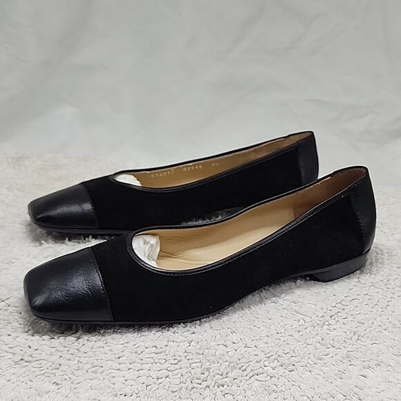 🐲BRUNO MAGLI🐲BLACK LEATHER BLACK SUEDE LADIES LOAFERS 9.5 FLAT TOE BOX🐉NWOB🐉